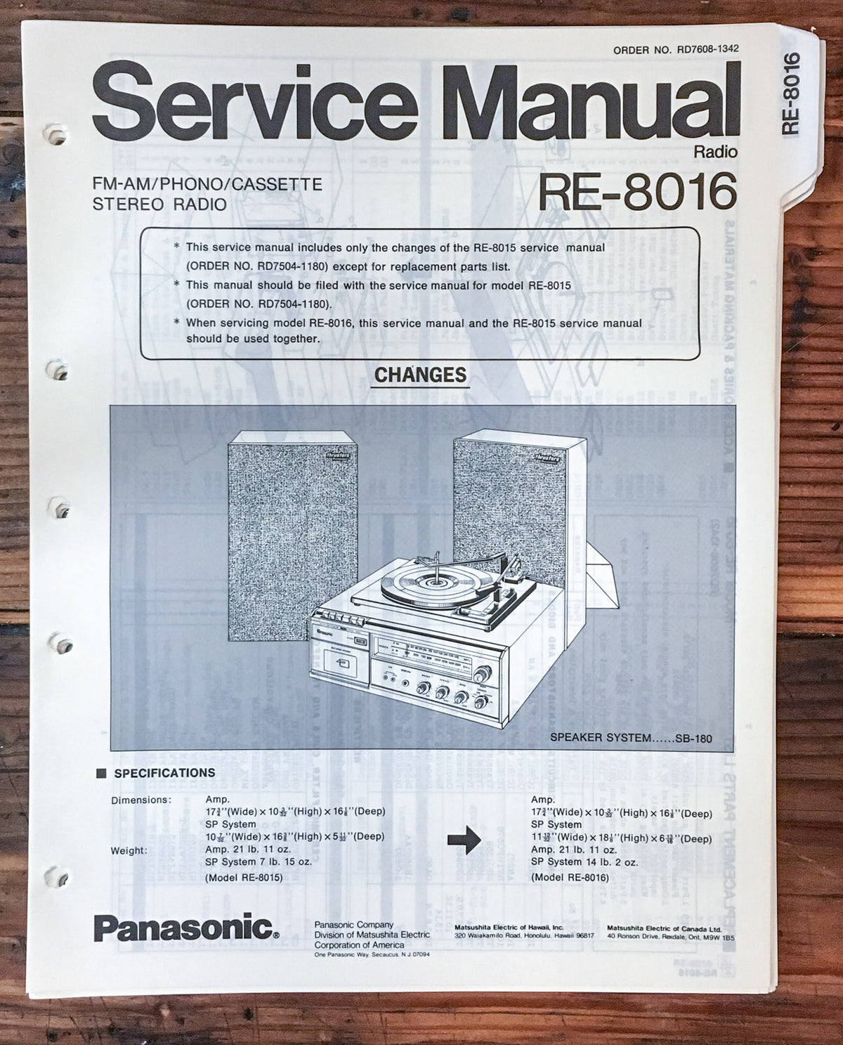 Panasonic RE-8016 Radio  Service Manual *Original*