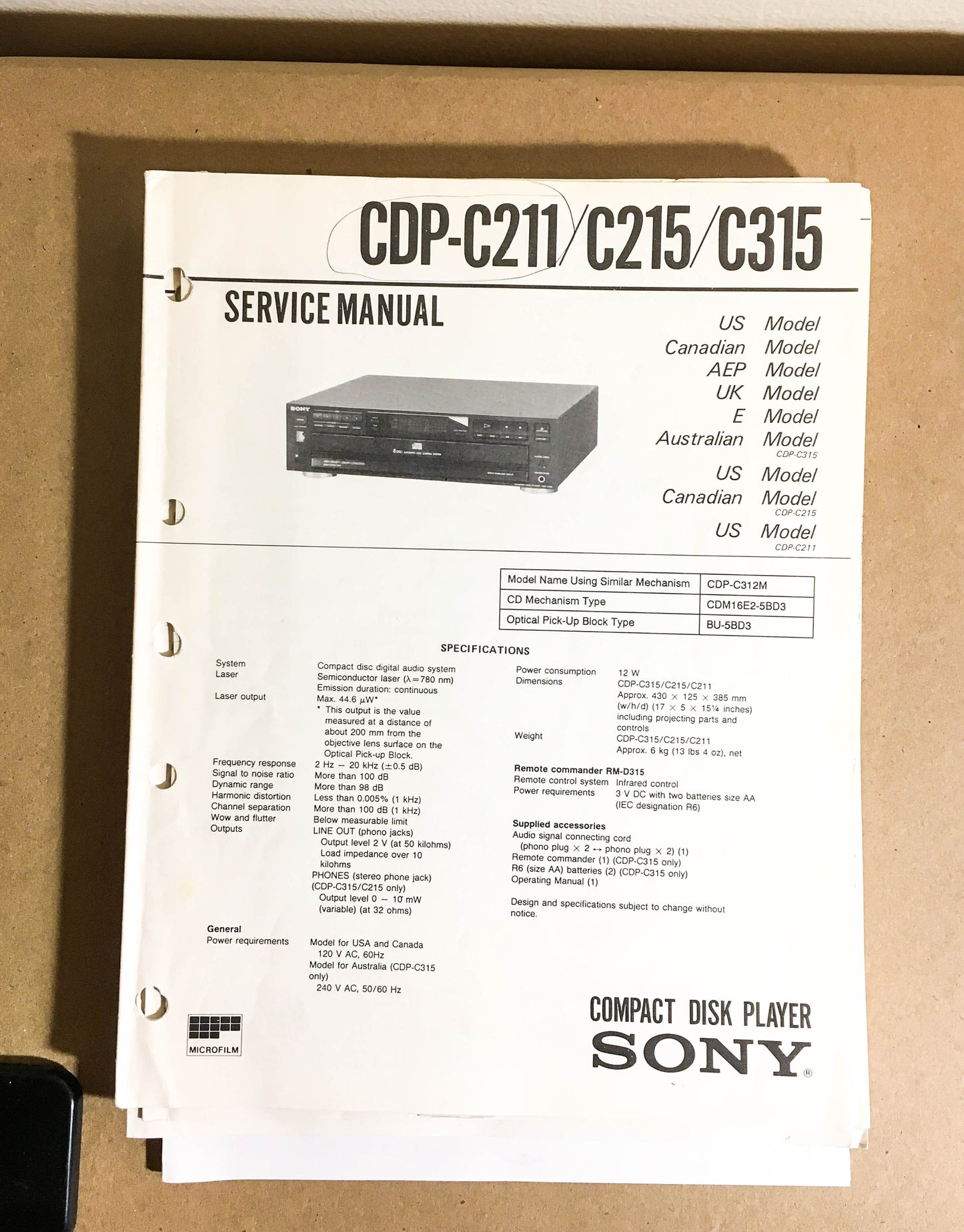 Sony CDP-C211 -C215 -C315 CD Player  Service Manual *Original*