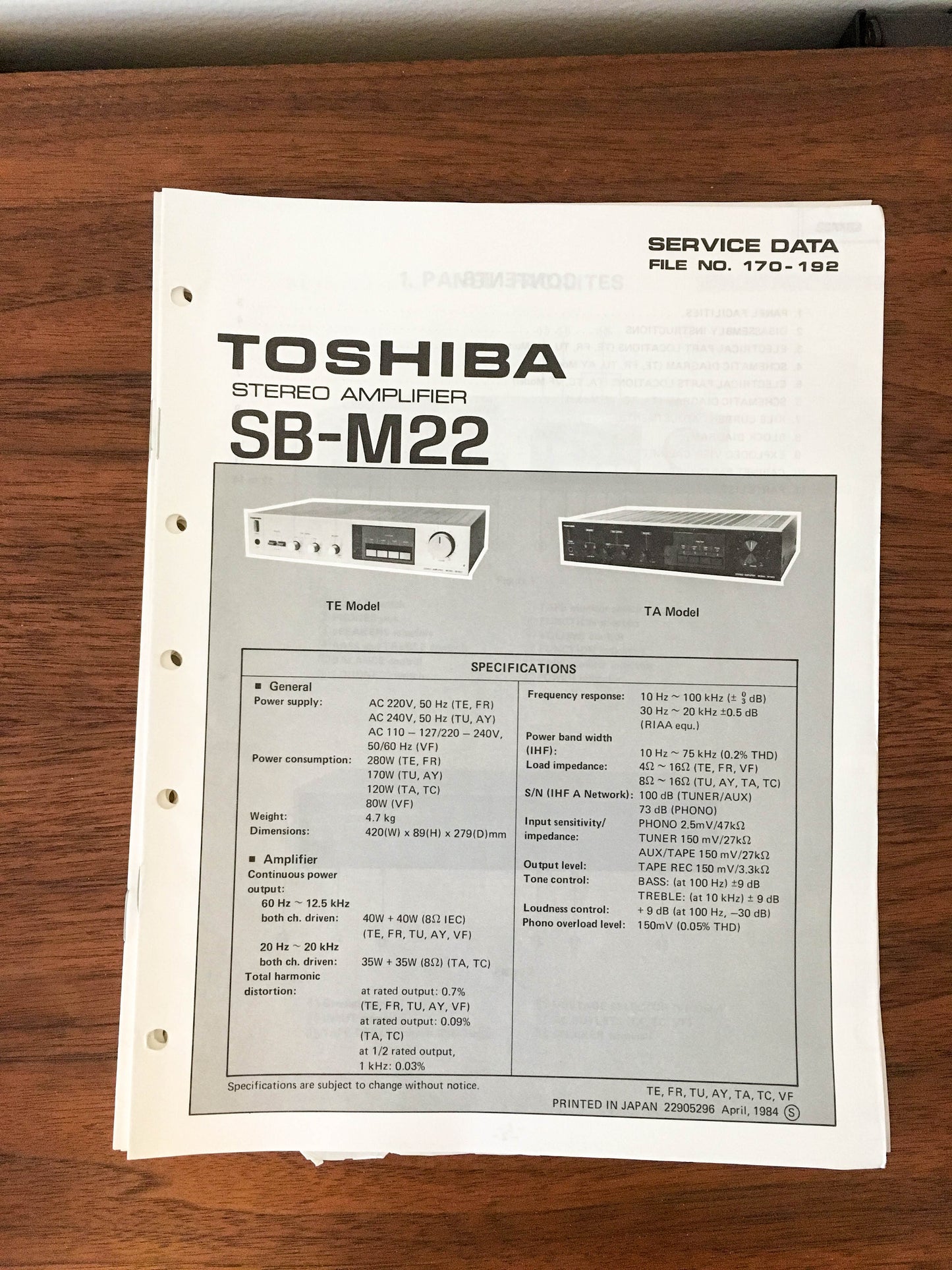 Toshiba SB-M22 Amplifier Service Manual *Original*