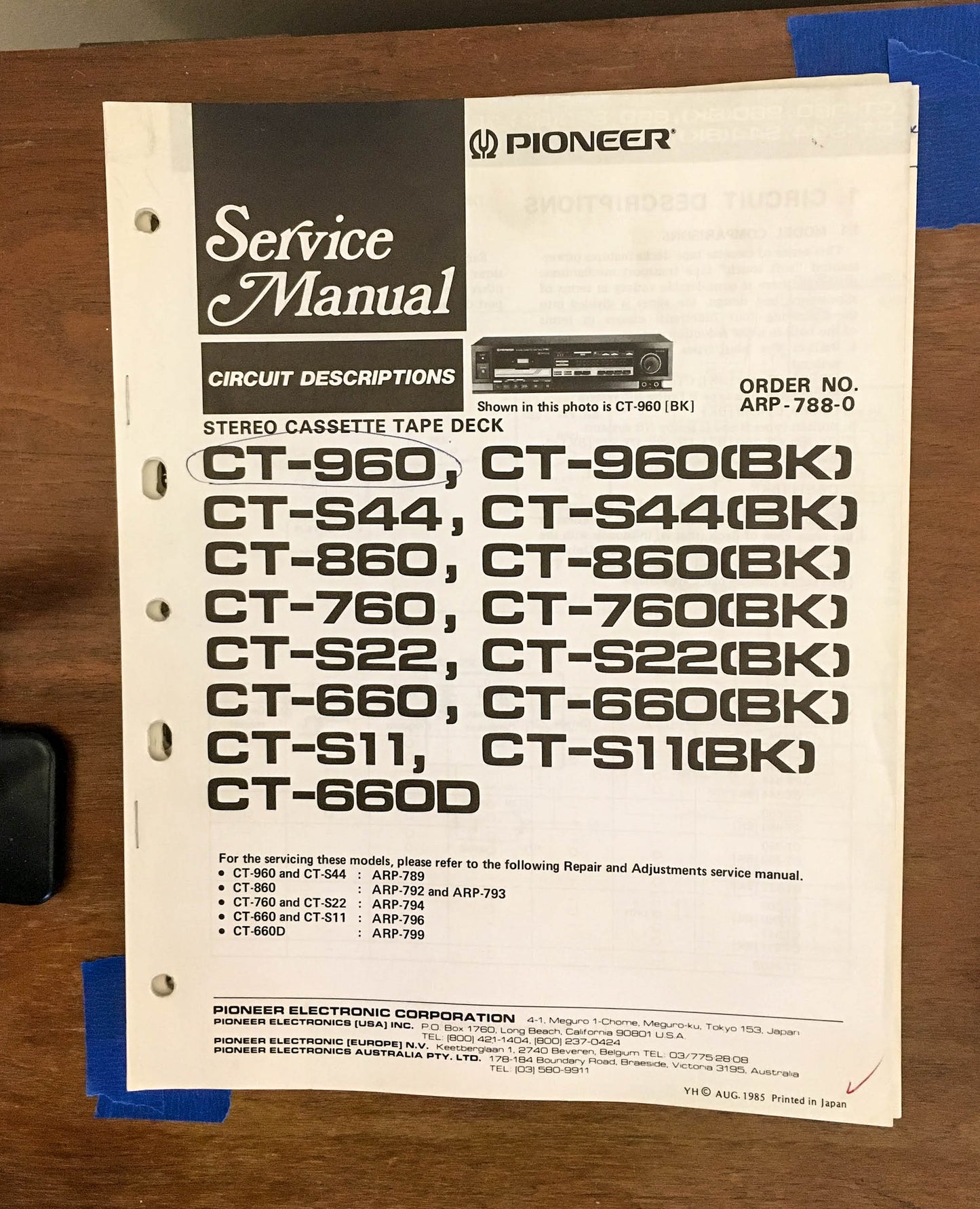 Pioneer CT-960 -S44 -860 -760 -660  Cassette  Service Manual *Original*