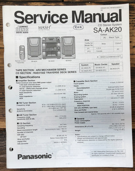 Panasonic SA-AK20 Stereo  Service Manual *Original*