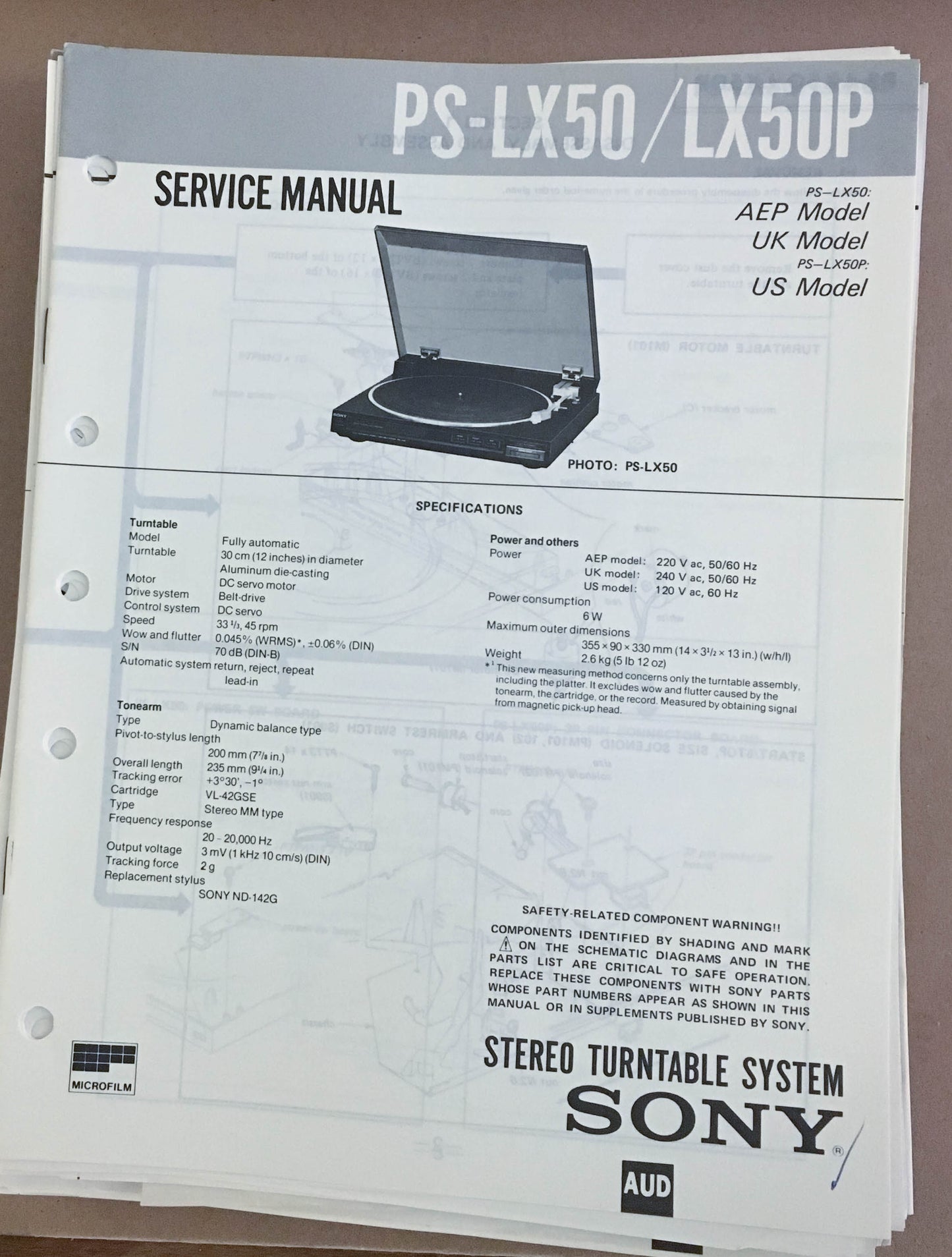 Sony PS-LX50 LX50P Turntable Record Player  Service Manual *Original*