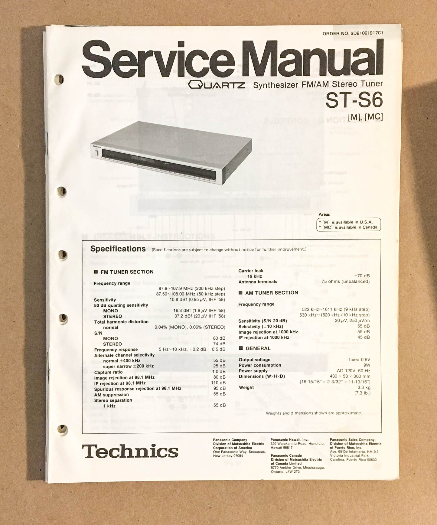TECHNICS ST-S6 TUNER  Service Manual *Original*