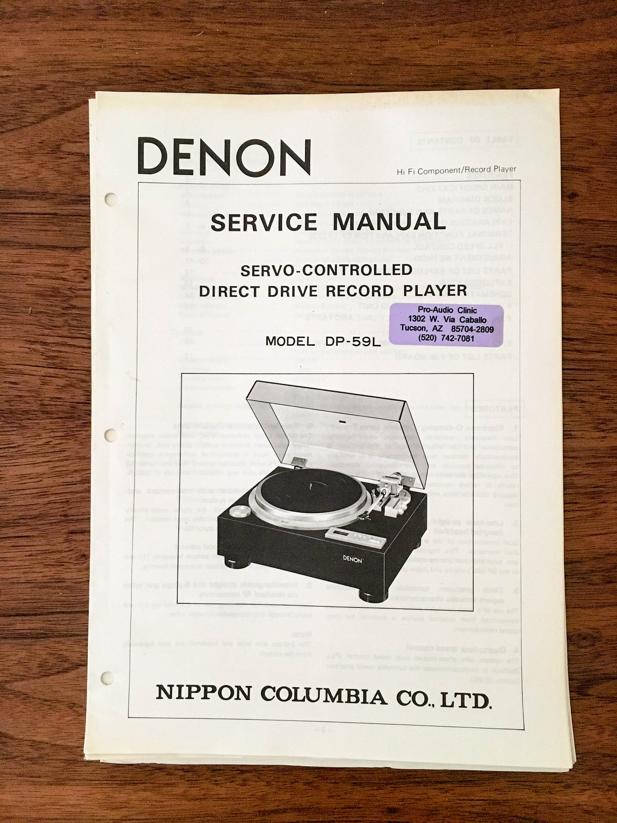 Denon DP-59L Turntable / Record Player Service Manual *Original*