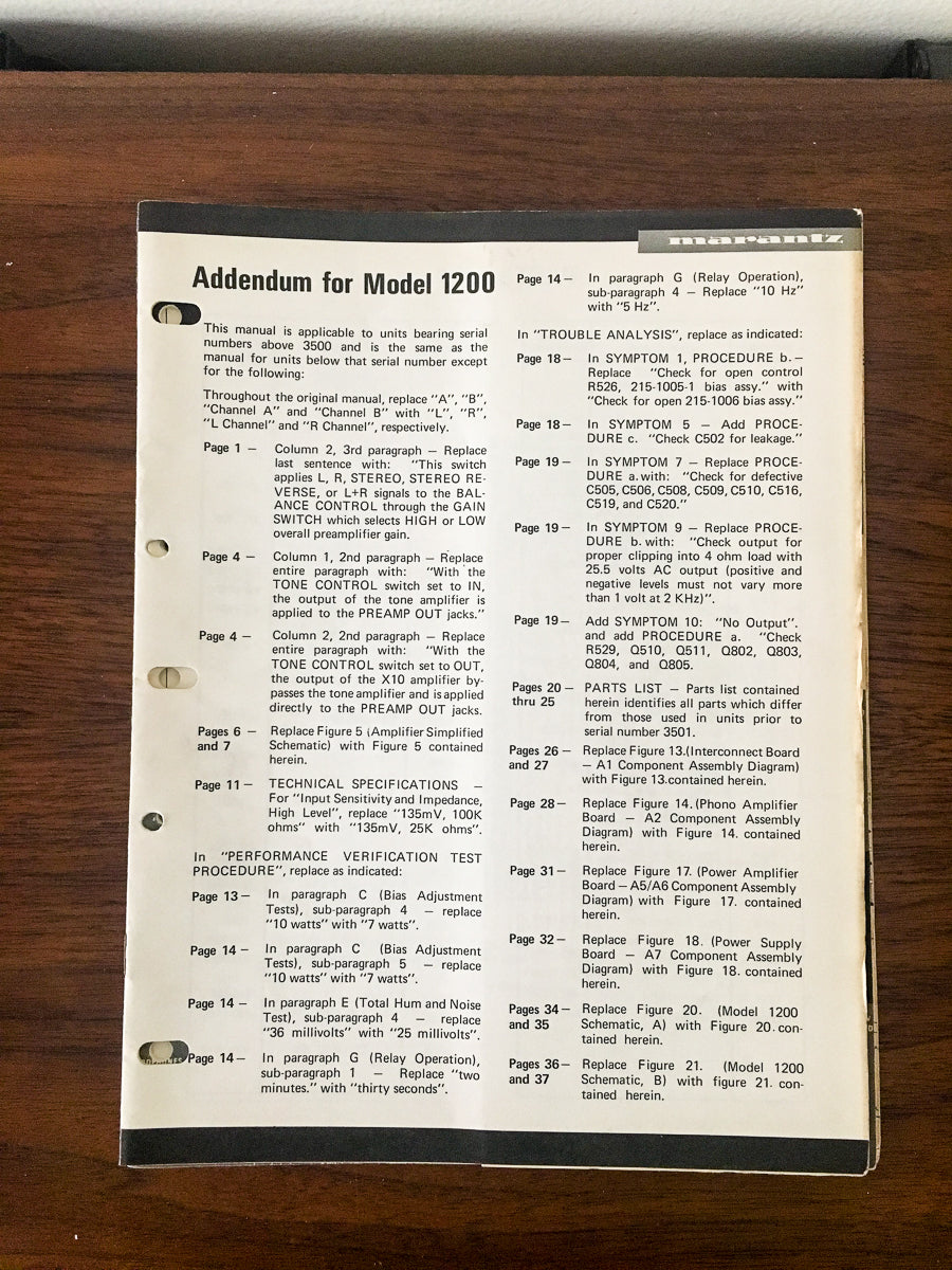 Marantz Model 1200 Preamp / Preamplifier Service Manual Addendum *Original*