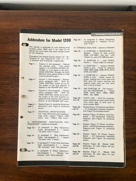 Marantz Model 1200 Preamp / Preamplifier Service Manual Addendum *Original*