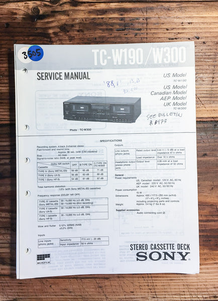 Sony TC-W190 TC-W300 Cassette Deck  Service Manual *Original*