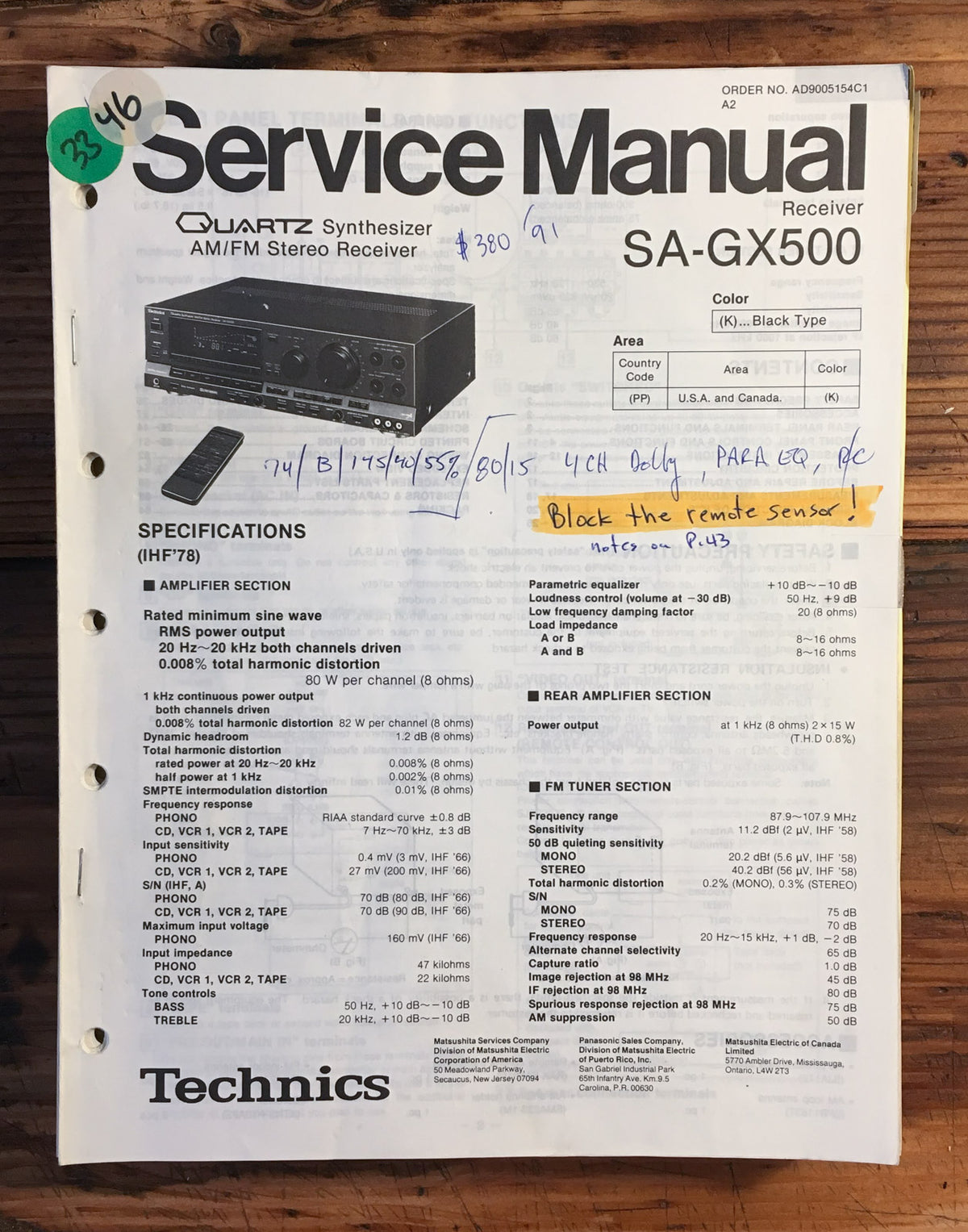 Technics SA-GX500 Receiver  Service Manual *Original*