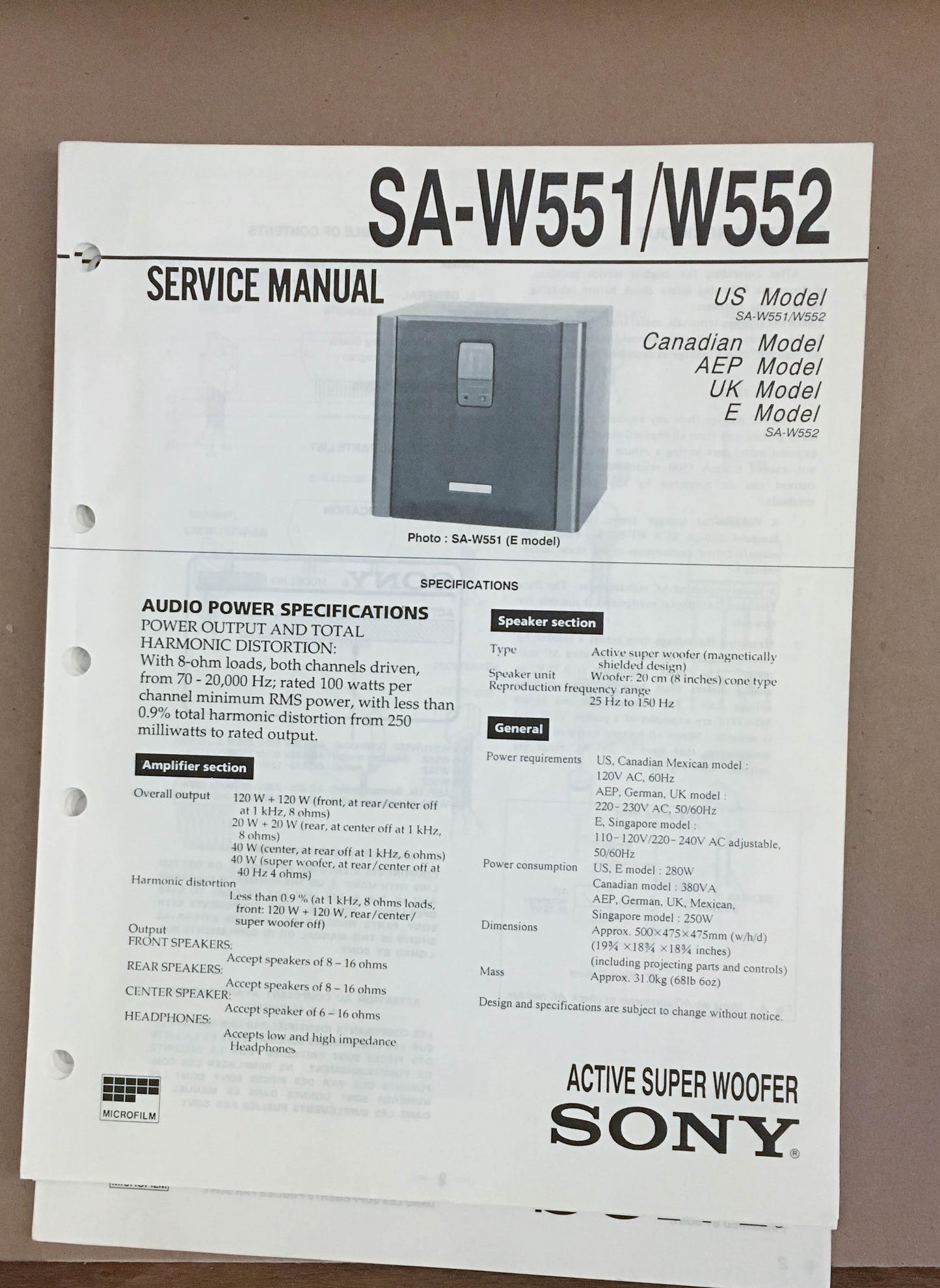 Sony  SA-W551 W552   Service Manual *Original*