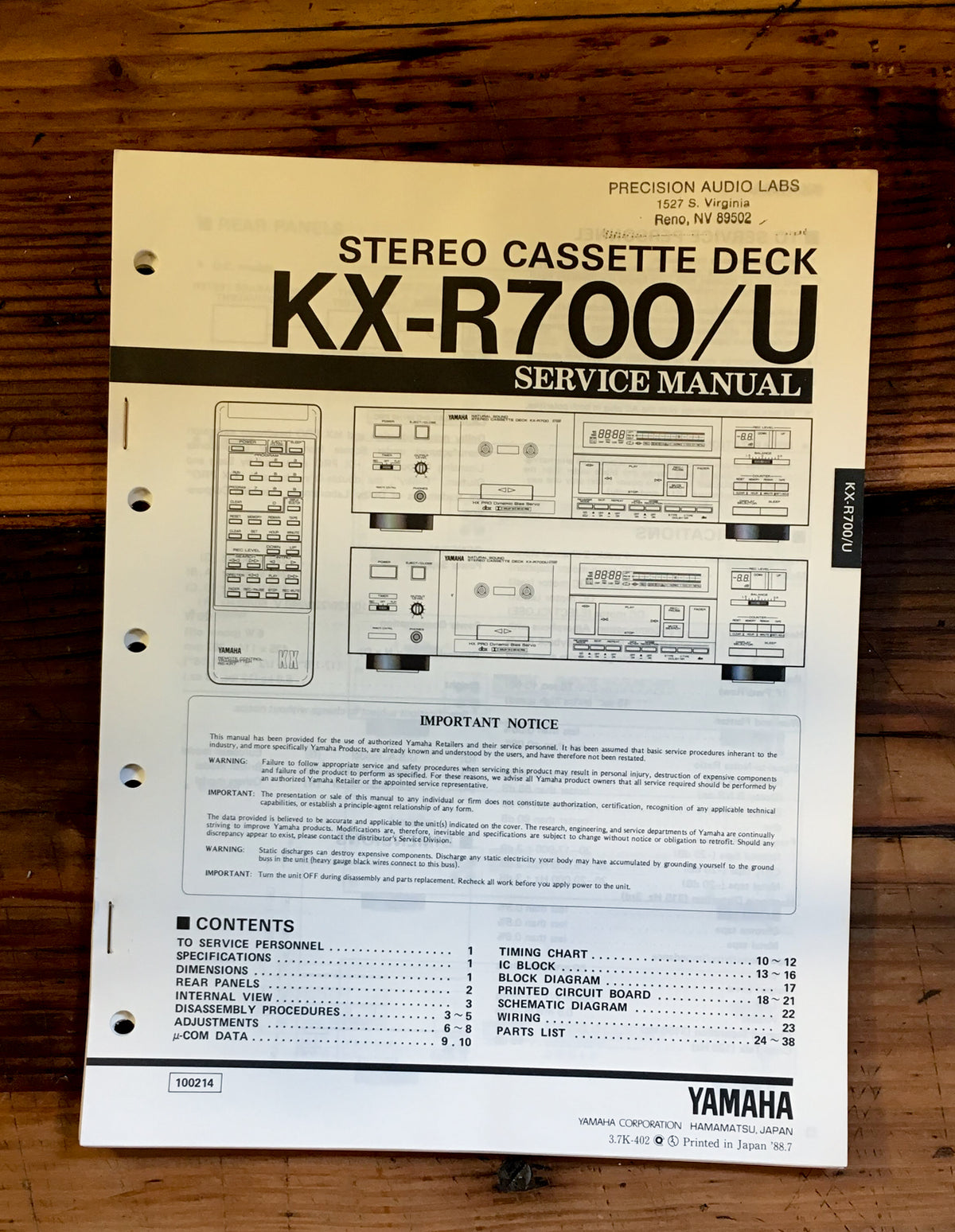 Yamaha KX-R700 R700U Cassette Service Manual *Original*