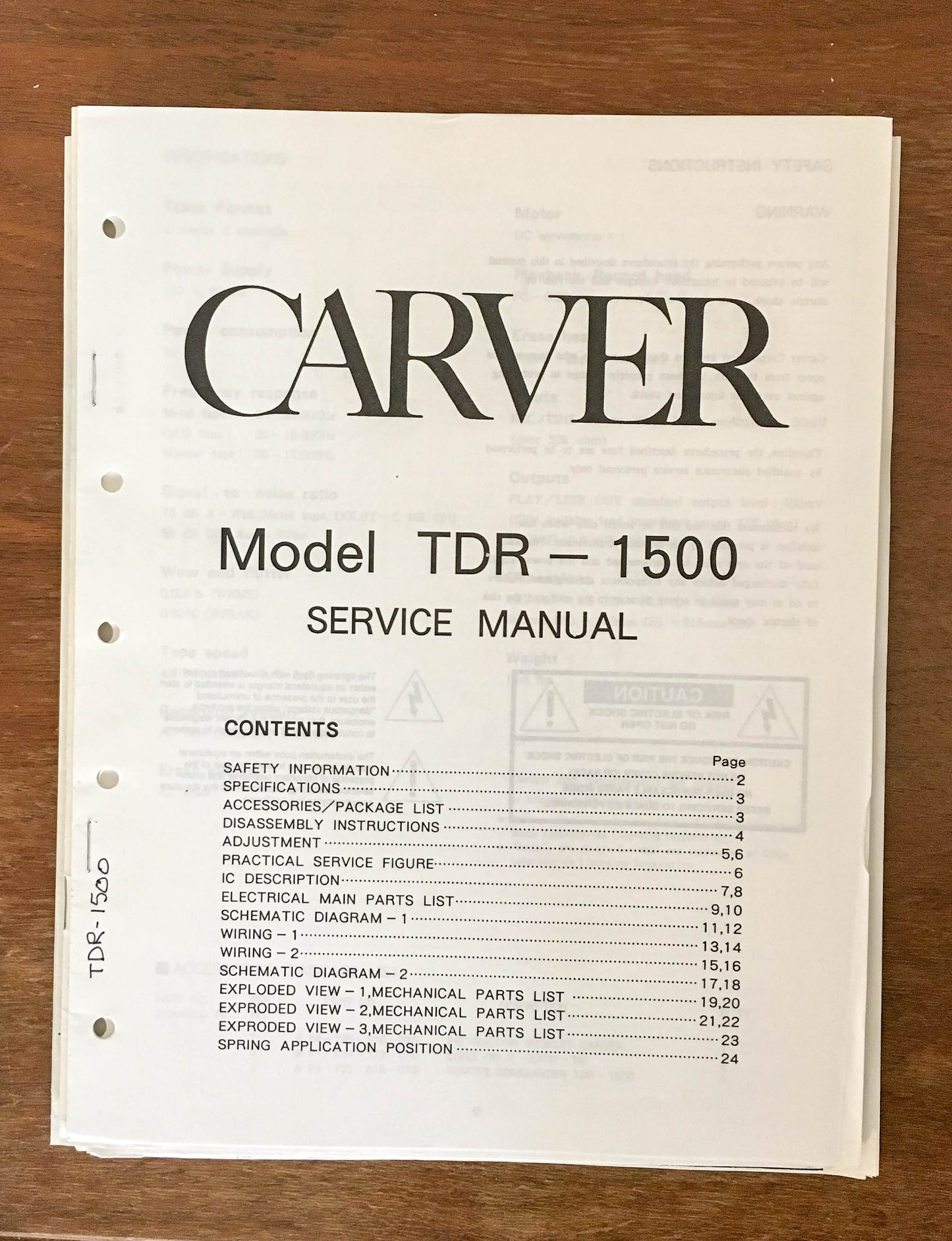 Carver TDR-1500 Cassette Deck  Service Manual *Original*