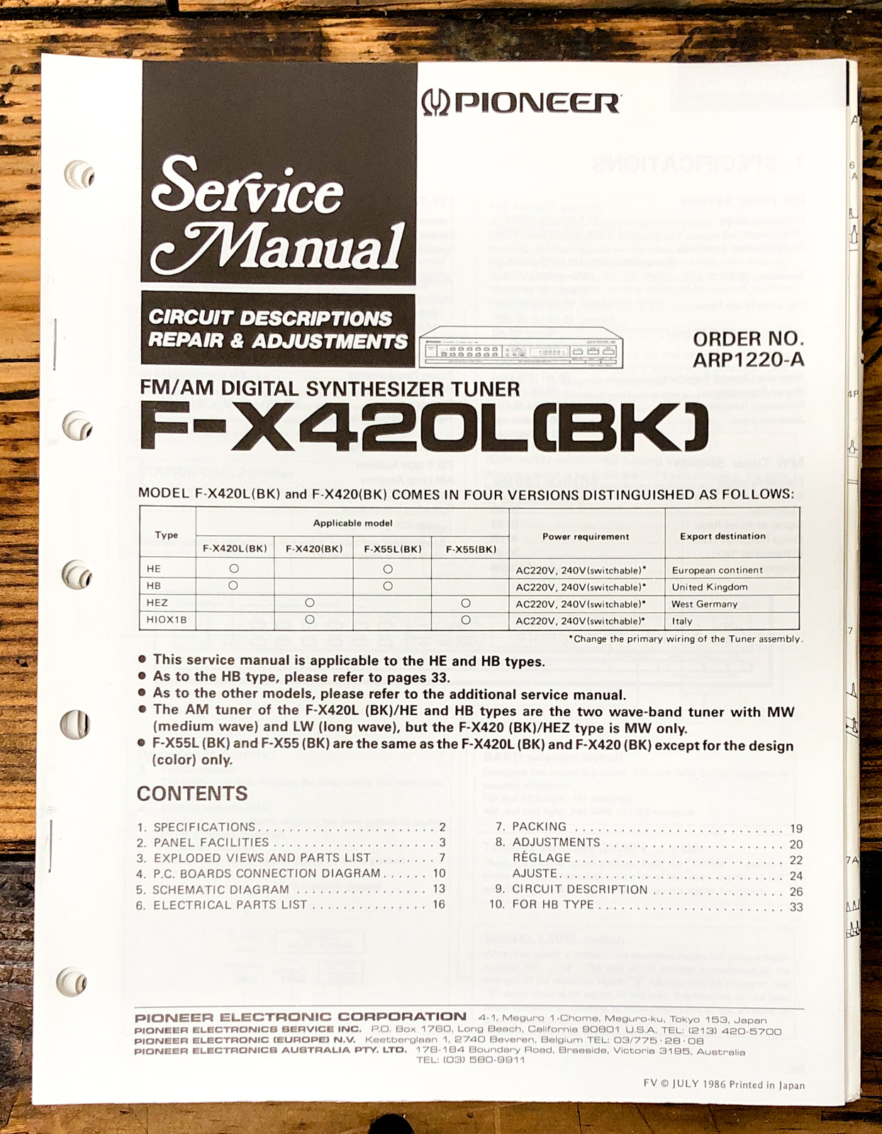 Pioneer F-X420L Tuner Service Manual *Original*