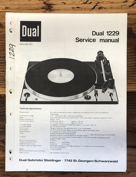 Dual Model 1229 Turntable / Record Player  Service Manual *Original*