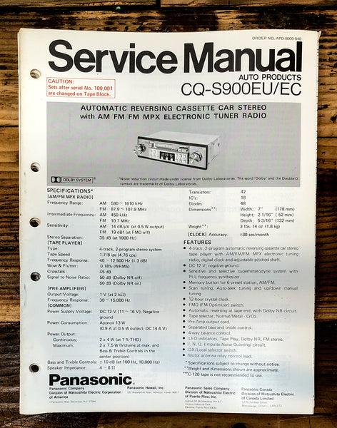 Panasonic CR-S900EU EC Car Stereo  Service Manual *Original*
