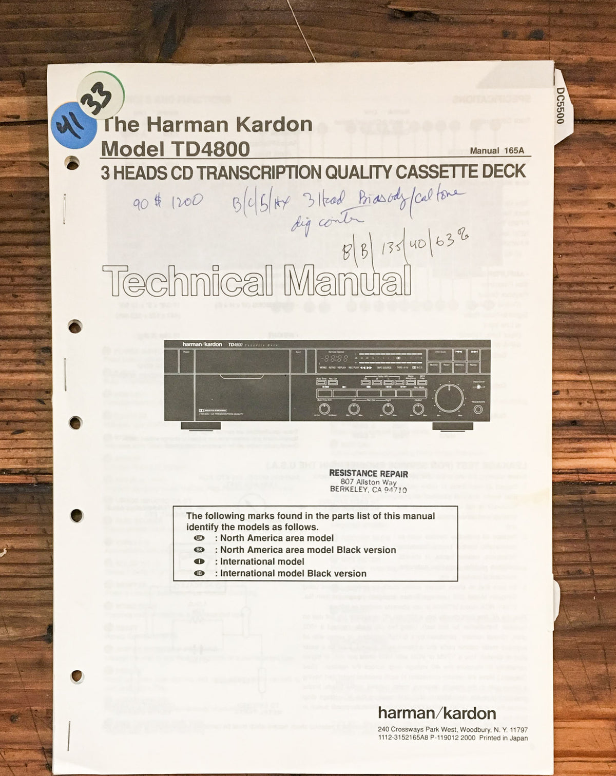 Harman Kardon TD4800 Cassette  Service Manual *Original*