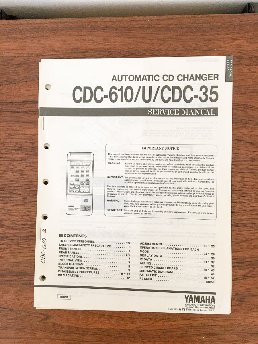 Yamaha CDC-610 CDC-35 CD Player Service Manual *Original*