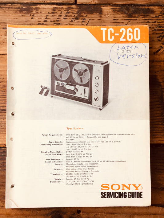 Sony TC-260 Reel to Reel  Service Manual *Original*