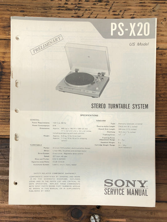 Sony PS-X20 Record Player / Turntable Prelim. Service Manual *Original*