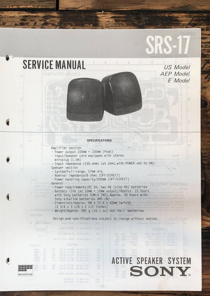 Sony SRS-17 Speaker  Service Manual *Original*