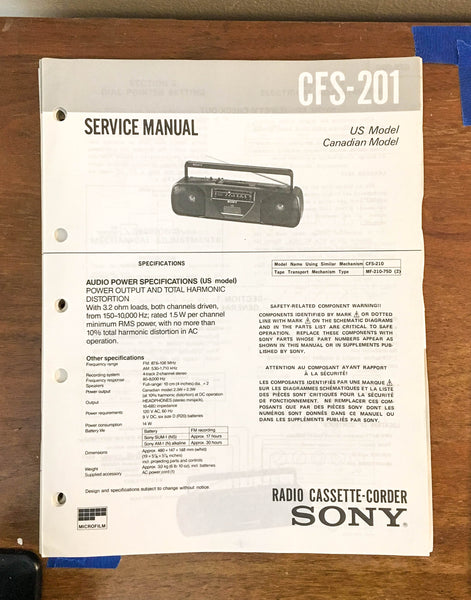 Sony CFS-201 Stereo Cassette Recorder Service Manual *Original*