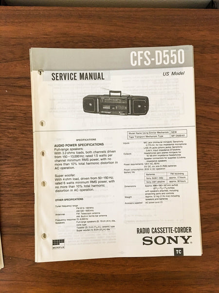 Sony CFS-D550 Boombox / Radio Service Manual *Original*