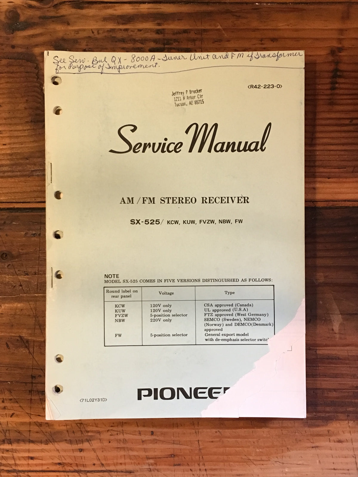 Pioneer SX-525 Receiver Service Manual *Original*