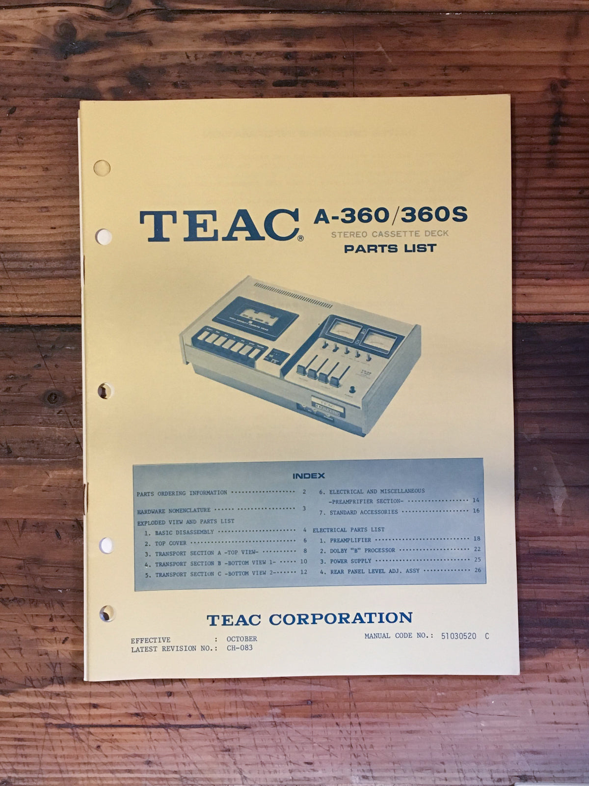 Teac A-360 A-360S Cassette Parts List Manual *Original*