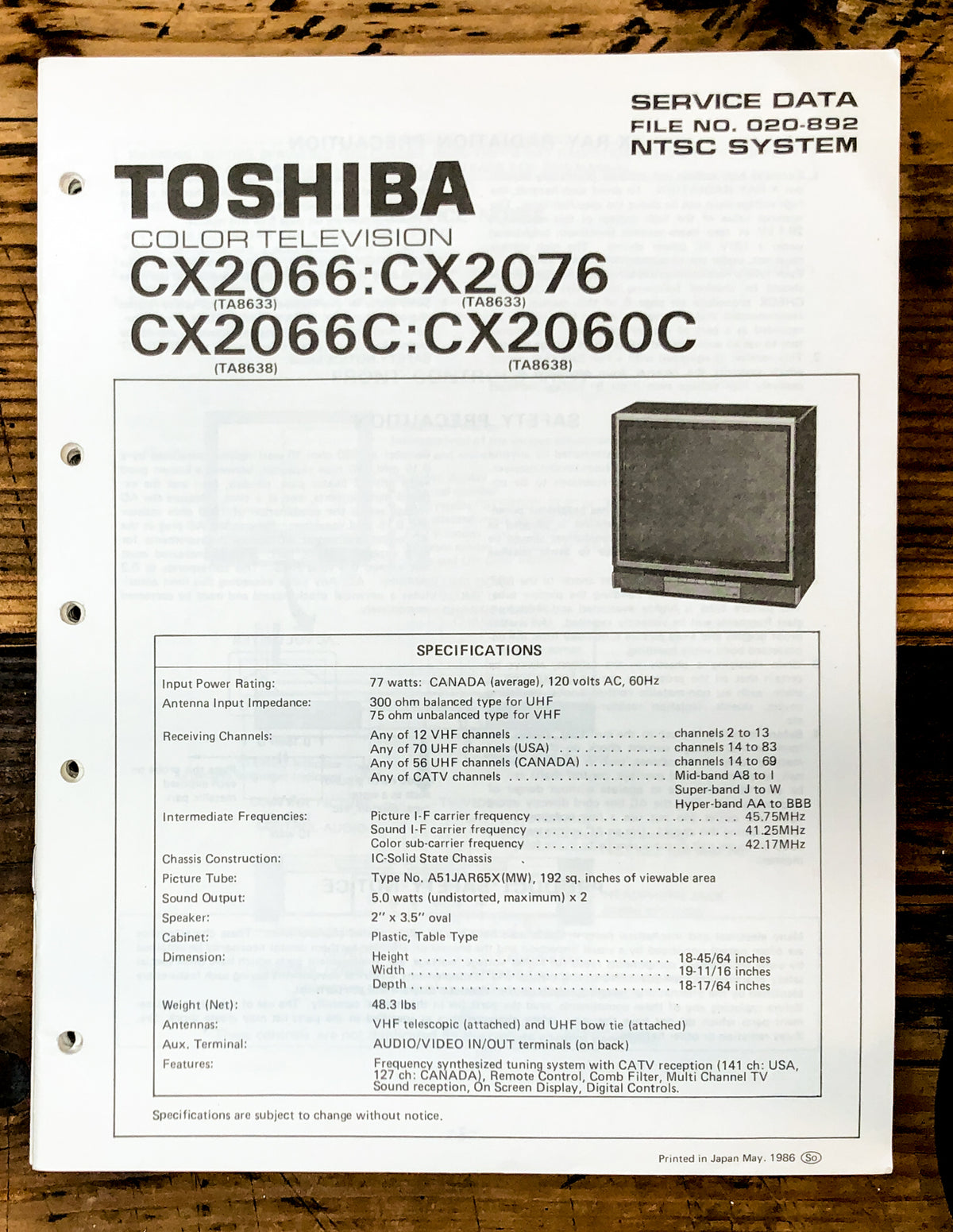 Toshiba CX2066 CX2076 CX2060C TV Television Service Manual *Original*