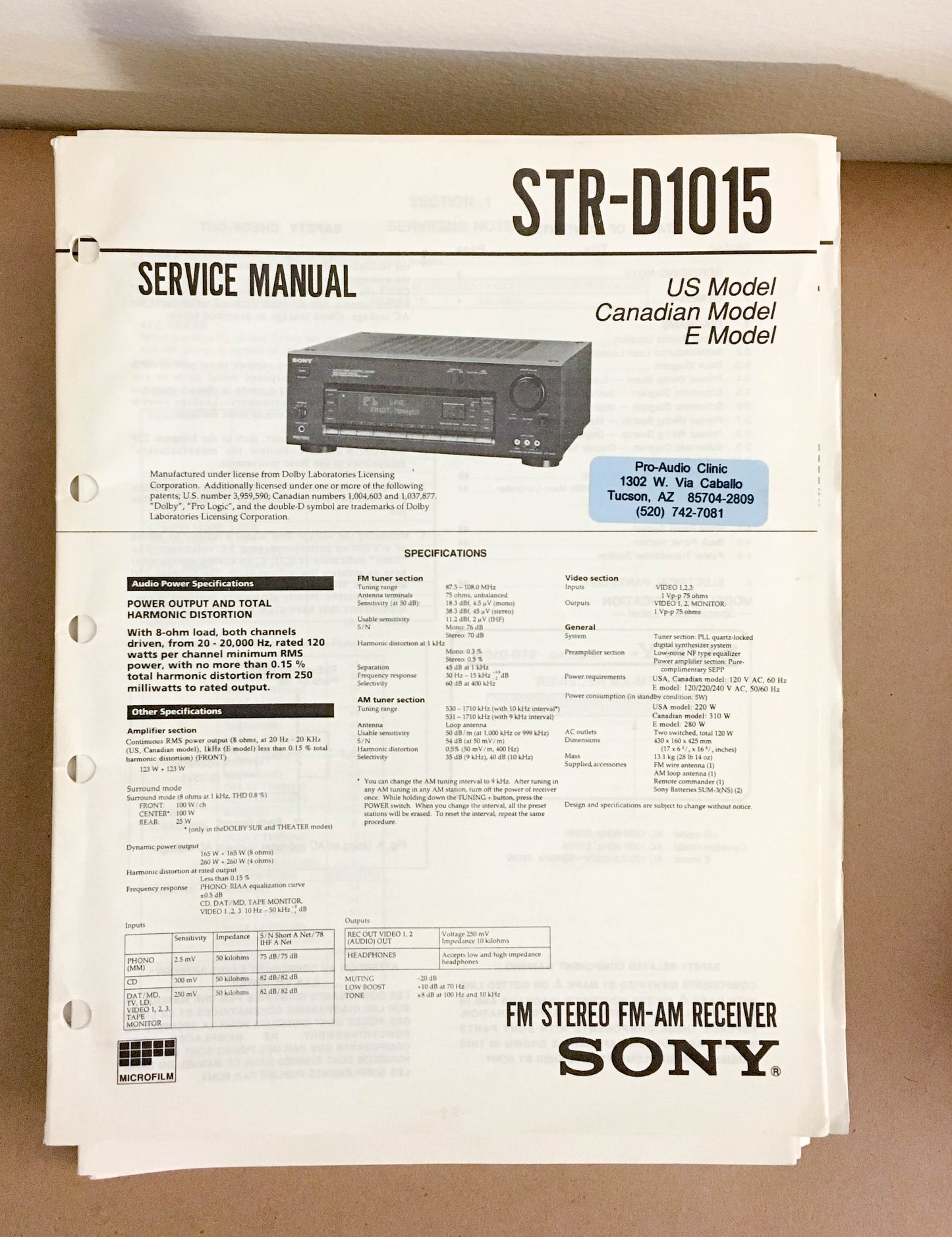 Sony STR-D1015 Receiver  Service Manual *Original*