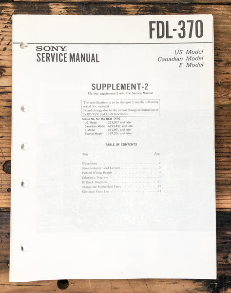 Sony FDL-370 TV Tuner Supp. Service Manual *Original*