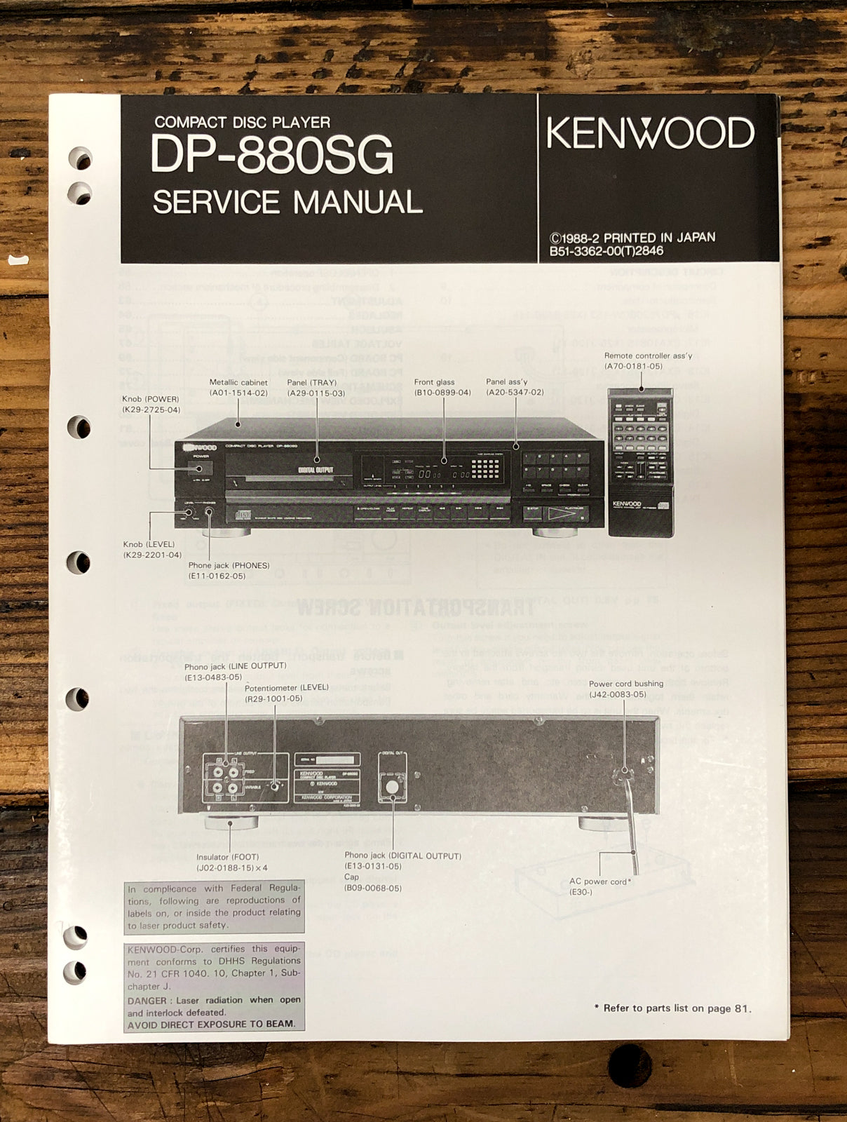 Kenwood DP-880SG CD Player  Service Manual *Original*