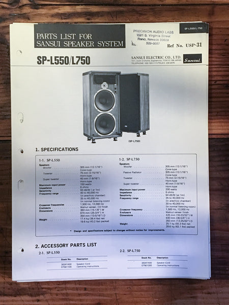 Sansui SP-L550 SP-L750 Speaker Parts List Manual *Original*