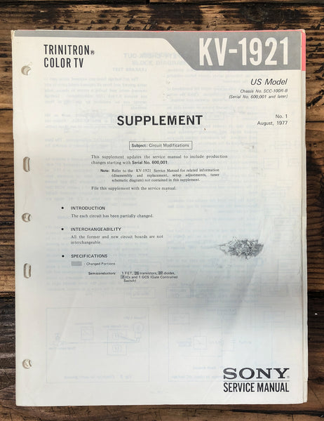 Sony KV-1921 TV Supp Service Manual *Original*