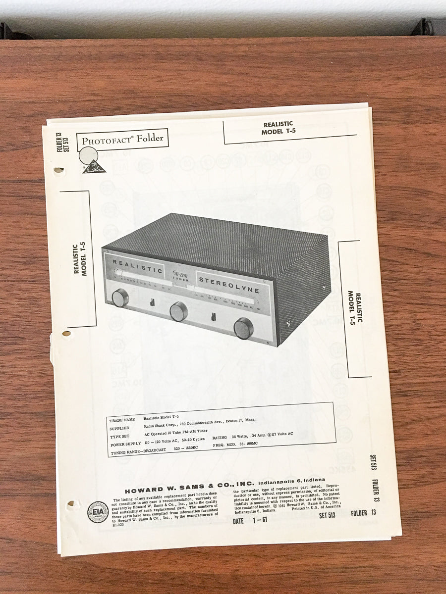 Realistic T-5 Tuner Photofact Service Manual *Original*