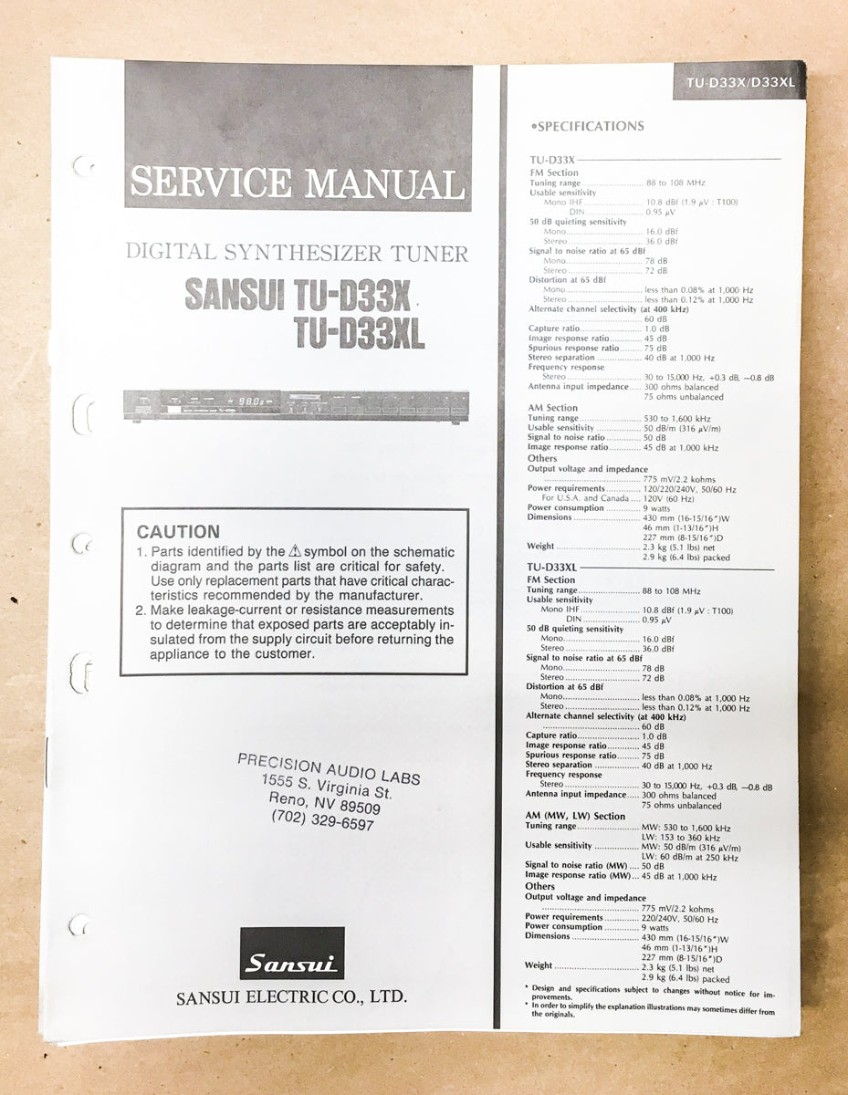 Sansui TU-D33X TU-D33XL Tuner Service Manual *Original*