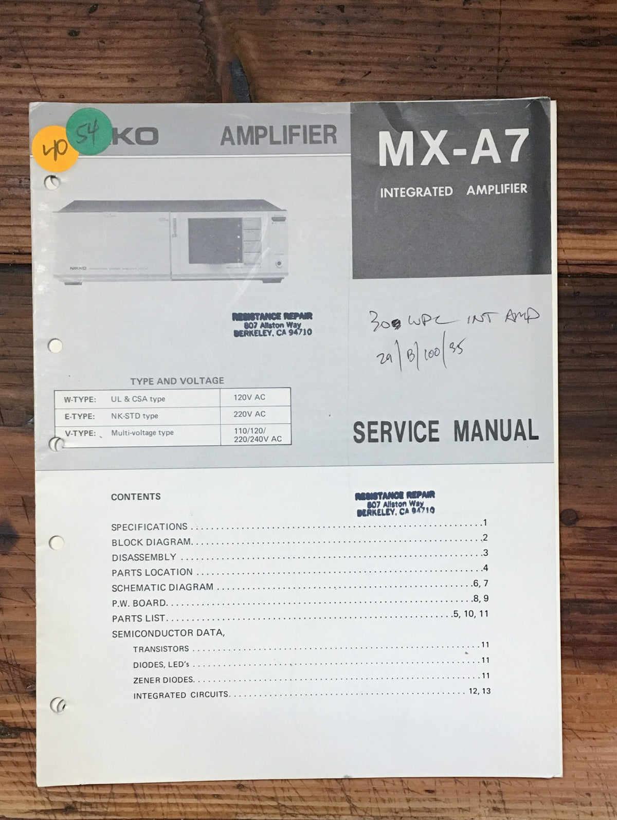 Nikko MX-A7 Amplifier  Service Manual *Original*