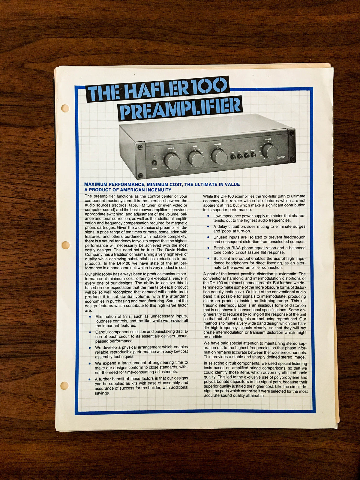 Hafler  Model 100 Preamplifier  Dealer  Spec Sheet  *Original*