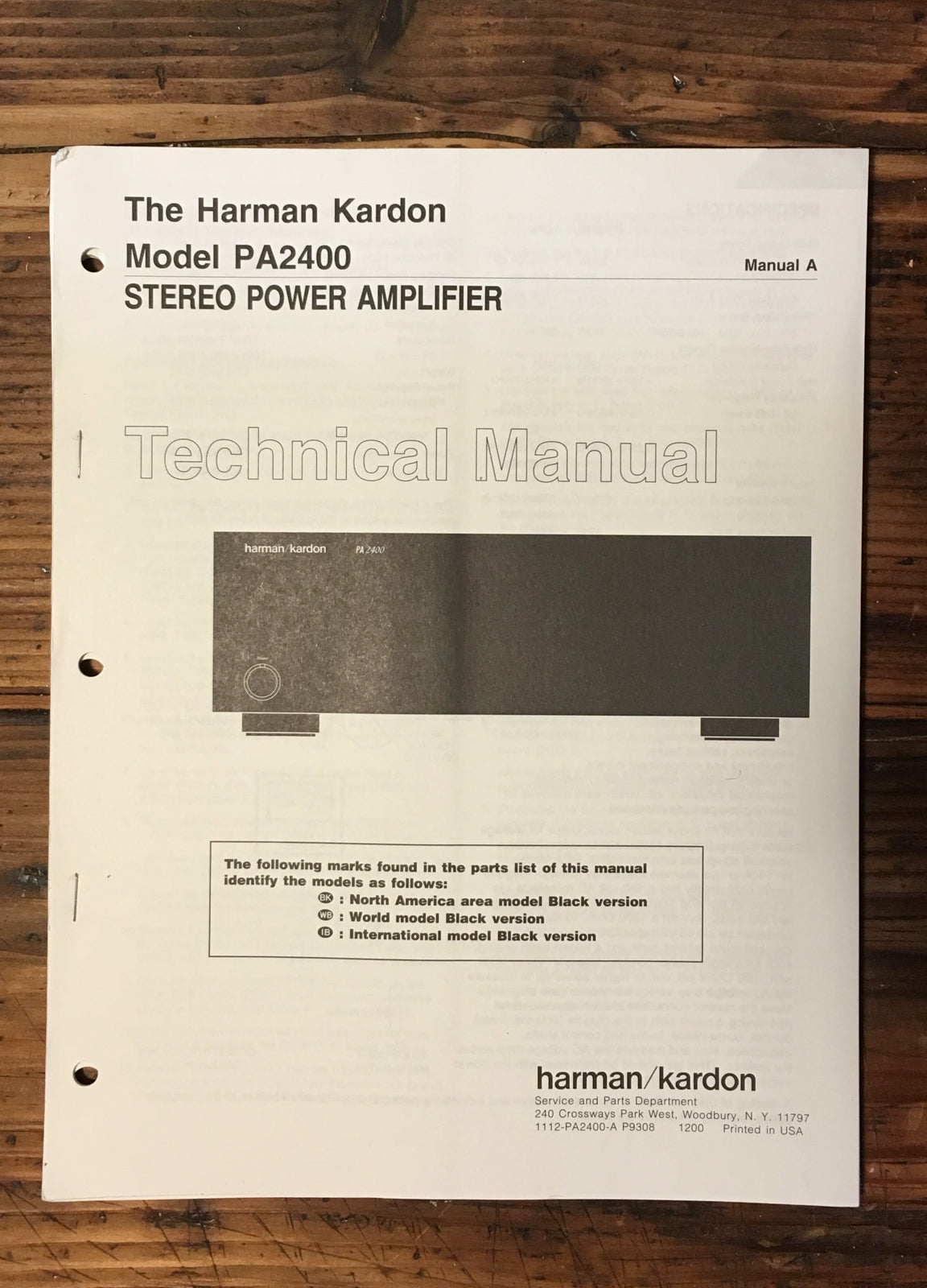 Harman Kardon HK PA2400 PA-2400 Amplifier Service Manual *Original*