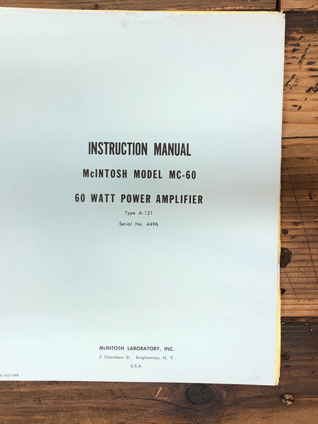 Mcintosh MC-60 Amplifier  Owner / User Manual *Original*