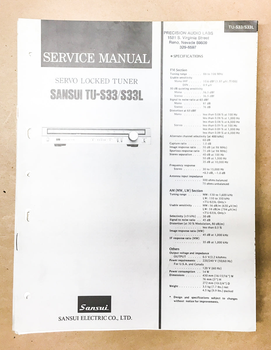 Sansui TU-S33 TU-S33L Tuner Service Manual *Original*