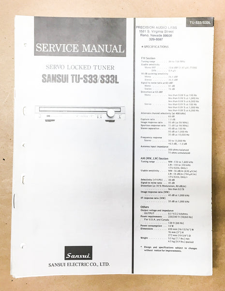 Sansui TU-S33 TU-S33L Tuner Service Manual *Original*