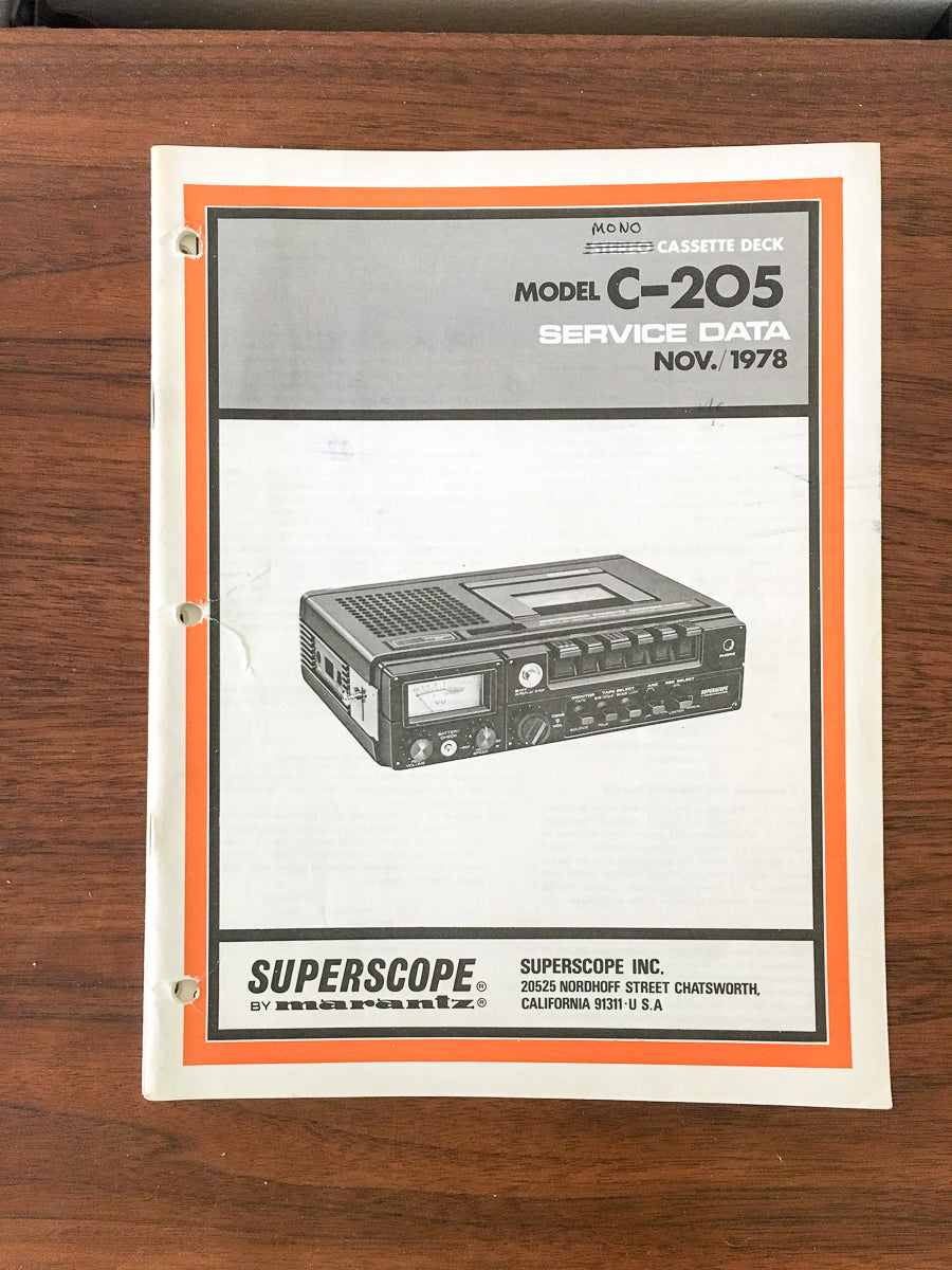 Superscope C-205 Cassette Recorder Service Manual *Original*