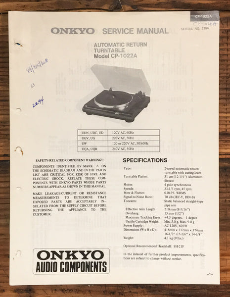 Onkyo CP-1022A Record Player / Turntable  Service Manual *Original*