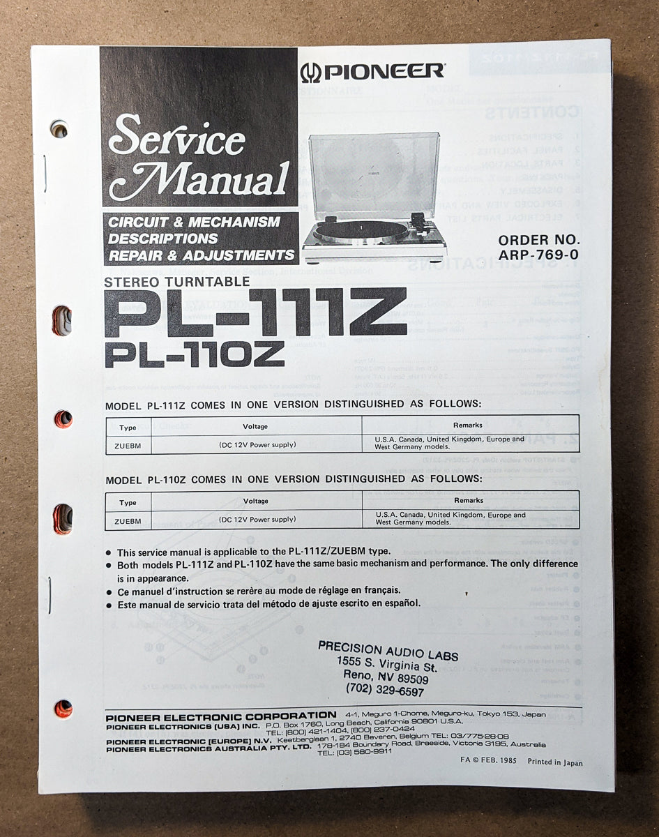 Pioneer PL-111Z PL-110Z Record Player / Turntable  Service Manual *Original*