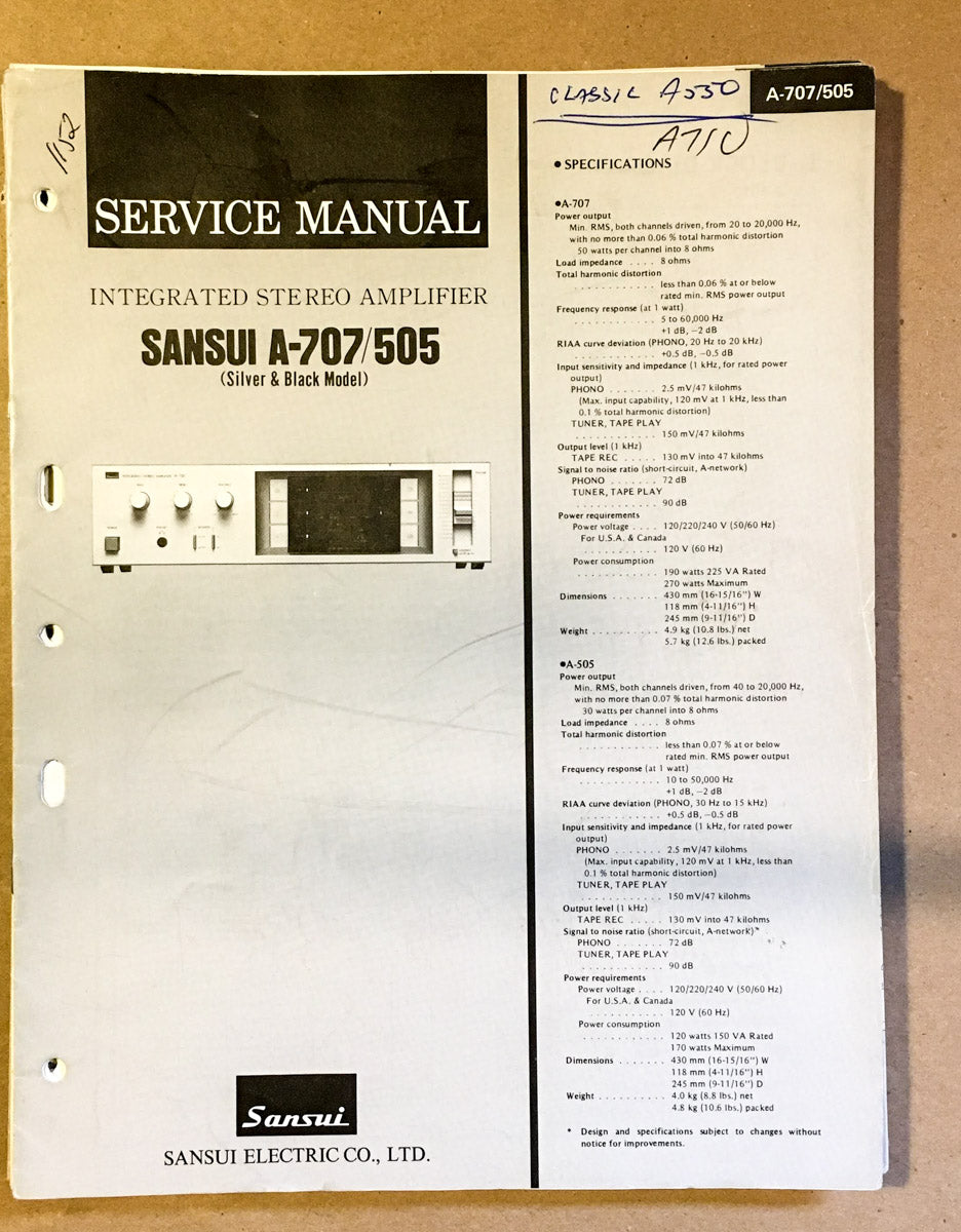 Sansui A-707 A-505 Amplifier Service Manual *Original* #1