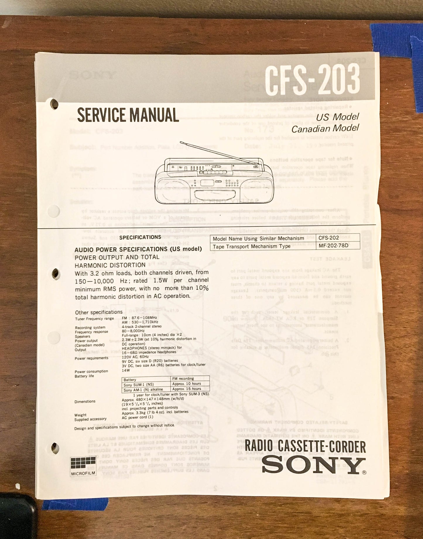Sony CFS-203 Stereo Cassette Recorder Service Manual *Original*