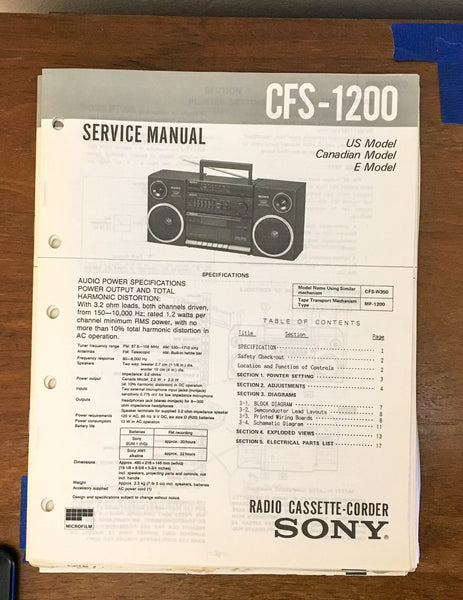 Sony CFS-1200 Radio Cassette Recorder / Boombox Service Manual *Original*