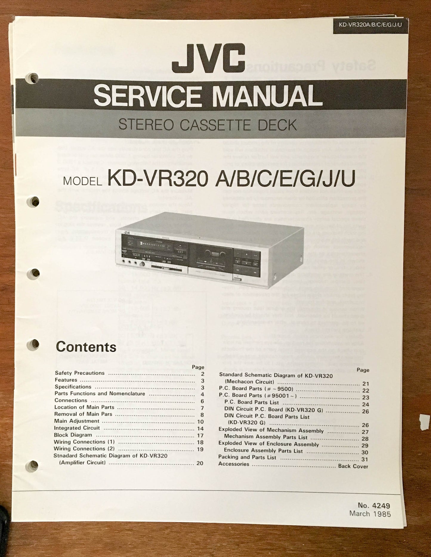 JVC KD-VR320 Cassette Deck  Service Manual *Original*