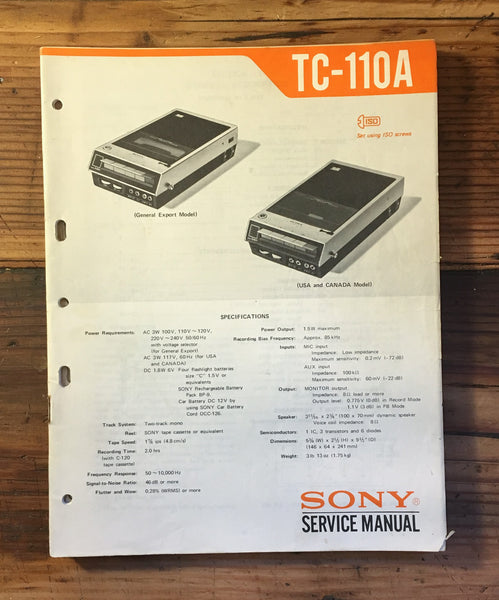 Sony TC-110A Tape Player Service Manual *Original*