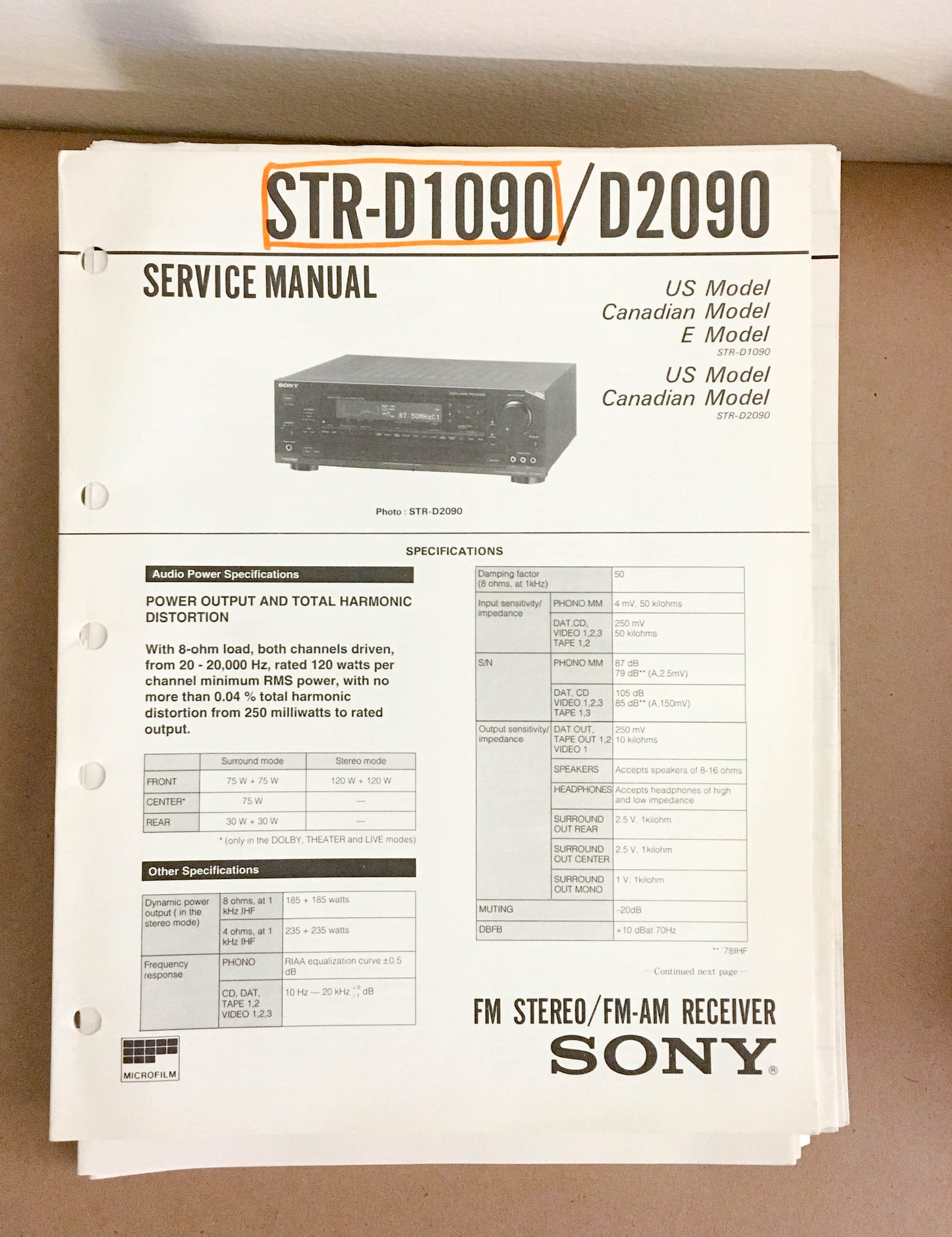 Sony STR-D1090 STR-D2090 Receiver  Service Manual *Original*
